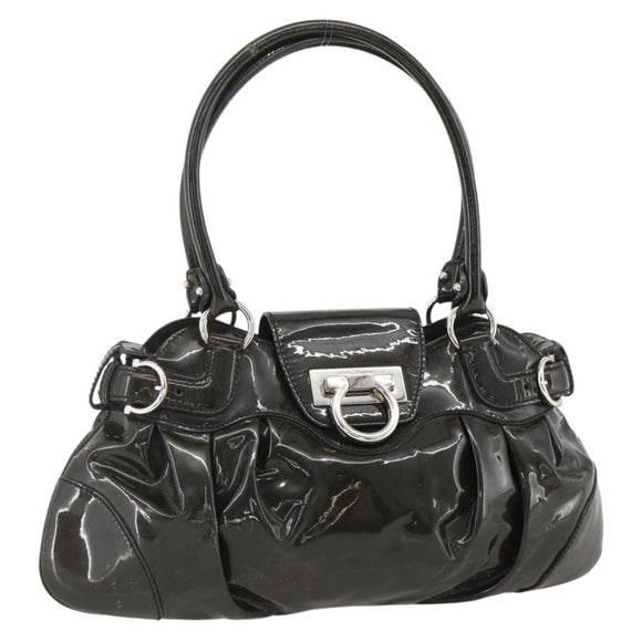 Salvatore Ferragamo Gancini Hand Bag Patent leather Khaki Silver Auth BAZ602