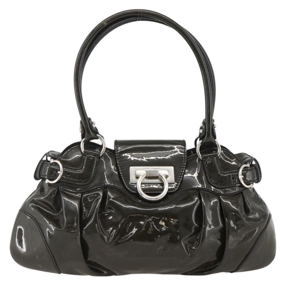 Salvatore Ferragamo Gancini Hand Bag Patent leather Khaki Silver Auth BAZ602