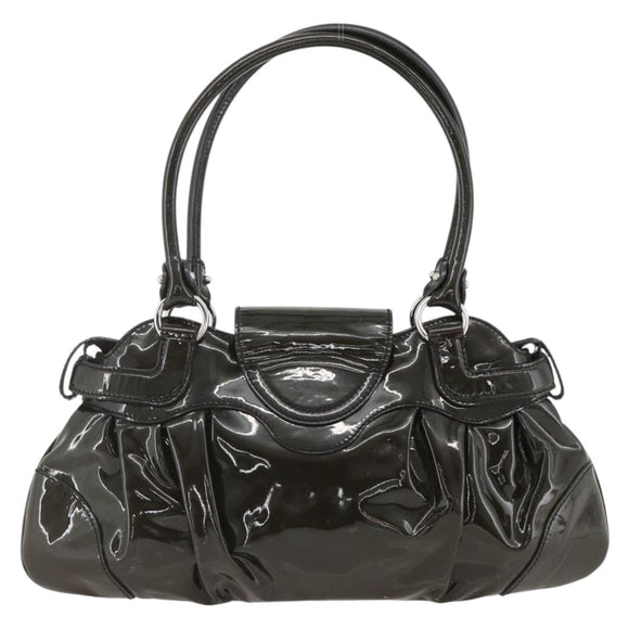 Salvatore Ferragamo Gancini Hand Bag Patent leather Khaki Silver Auth BAZ602