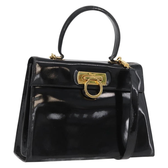 Salvatore Ferragamo Gancini Hand Bag Patent leather 2way Black Gold Auth BAZ603