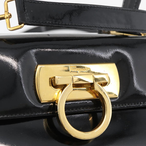 Salvatore Ferragamo Gancini Hand Bag Patent leather 2way Black Gold Auth BAZ603