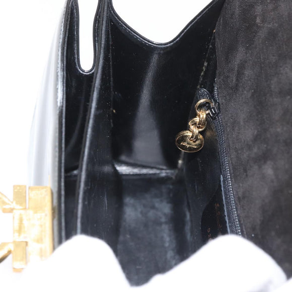 Salvatore Ferragamo Gancini Hand Bag Patent leather 2way Black Gold Auth BAZ603