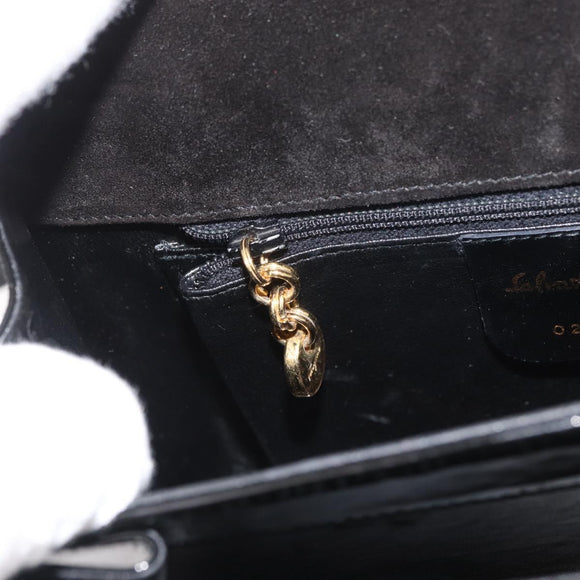 Salvatore Ferragamo Gancini Hand Bag Patent leather 2way Black Gold Auth BAZ603
