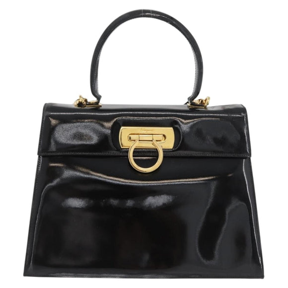 Salvatore Ferragamo Gancini Hand Bag Patent leather 2way Black Gold Auth BAZ603