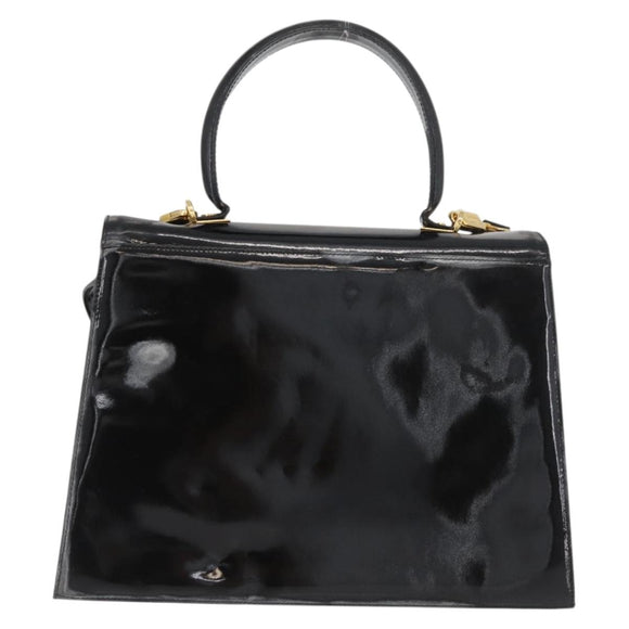 Salvatore Ferragamo Gancini Hand Bag Patent leather 2way Black Gold Auth BAZ603