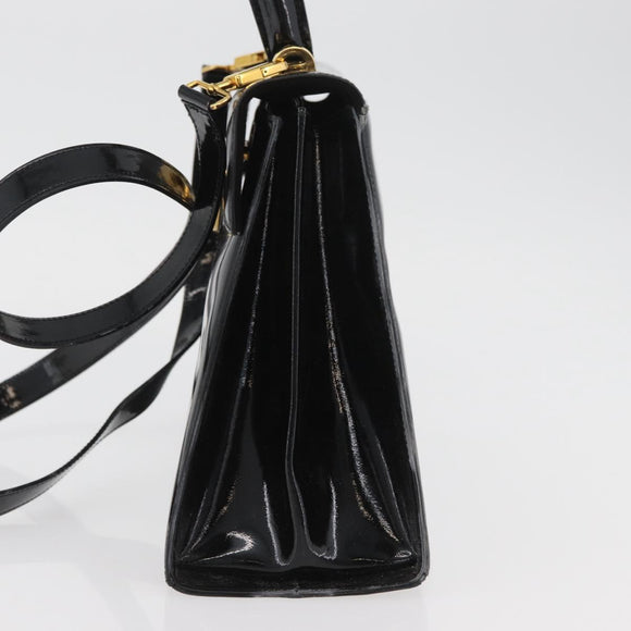 Salvatore Ferragamo Gancini Hand Bag Patent leather 2way Black Gold Auth BAZ603
