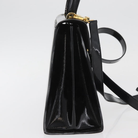 Salvatore Ferragamo Gancini Hand Bag Patent leather 2way Black Gold Auth BAZ603