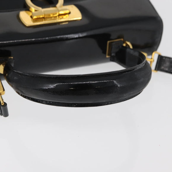 Salvatore Ferragamo Gancini Hand Bag Patent leather 2way Black Gold Auth BAZ603
