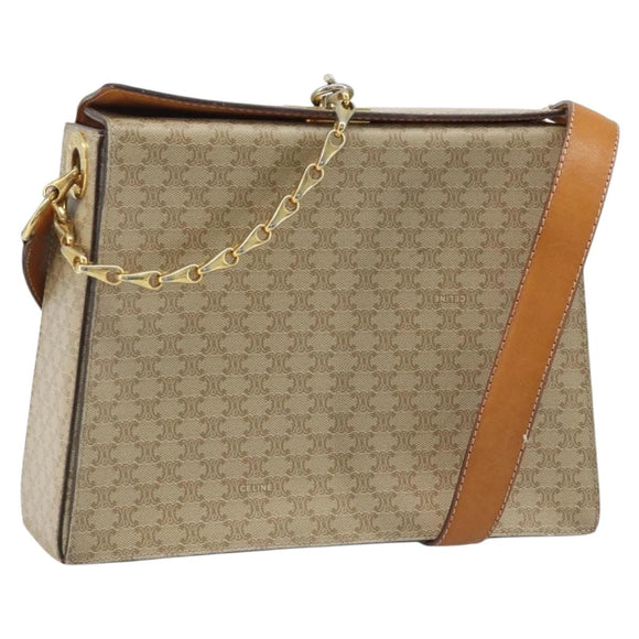 CELINE Macadam Canvas Shoulder Bag PVC Leather Beige Gold Auth BAZ620A