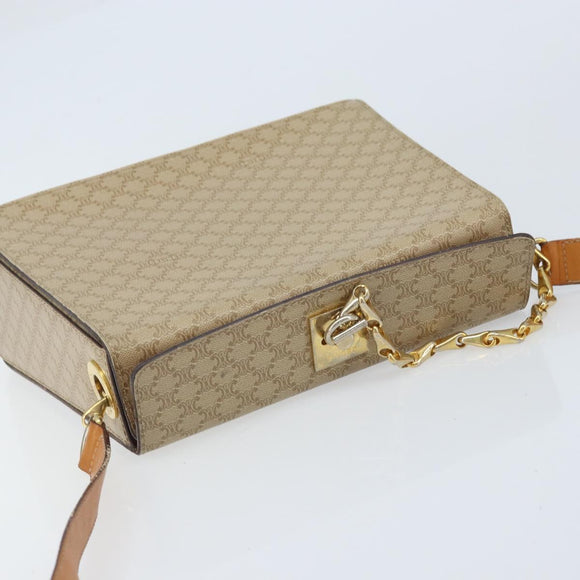 CELINE Macadam Canvas Shoulder Bag PVC Leather Beige Gold Auth BAZ620A