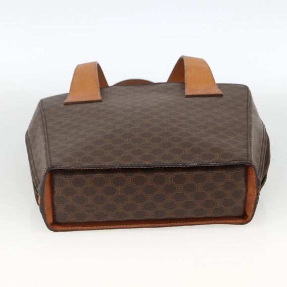 CELINE Macadam Canvas Circle Hand Bag PVC Leather Brown Gold Auth BAZ621