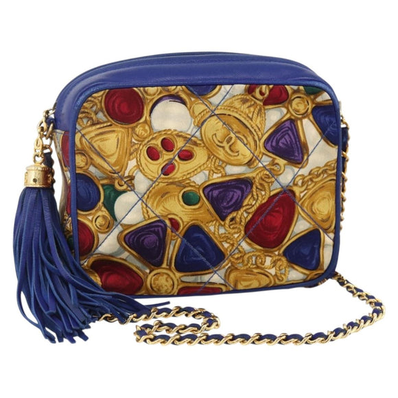 CHANEL Matelasse Chain Shoulder Bag Satin Blue Gold CC Auth BAZ668V