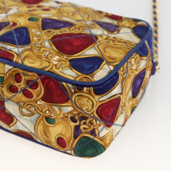 CHANEL Matelasse Chain Shoulder Bag Satin Blue Gold CC Auth BAZ668V