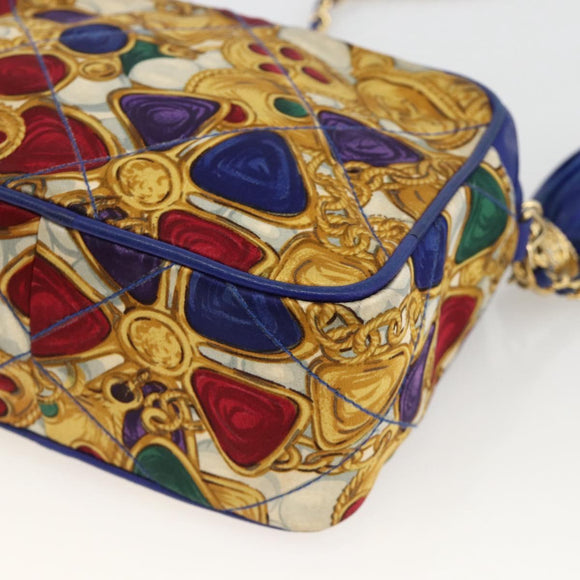 CHANEL Matelasse Chain Shoulder Bag Satin Blue Gold CC Auth BAZ668V