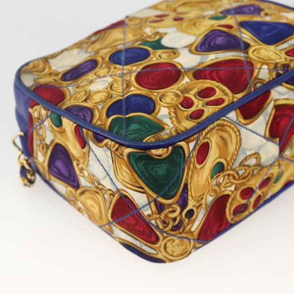 CHANEL Matelasse Chain Shoulder Bag Satin Blue Gold CC Auth BAZ668V