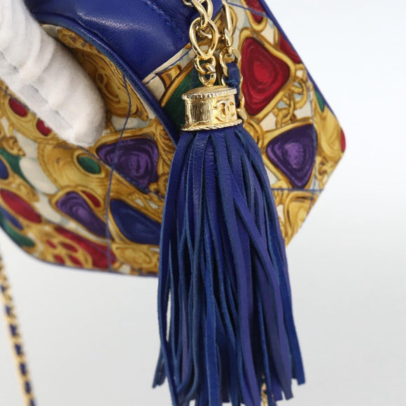 CHANEL Matelasse Chain Shoulder Bag Satin Blue Gold CC Auth BAZ668V