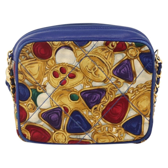 CHANEL Matelasse Chain Shoulder Bag Satin Blue Gold CC Auth BAZ668V