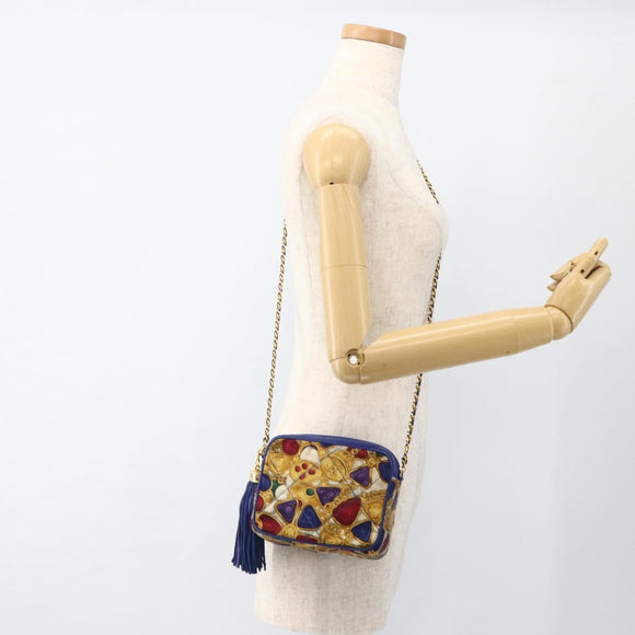 CHANEL Matelasse Chain Shoulder Bag Satin Blue Gold CC Auth BAZ668V