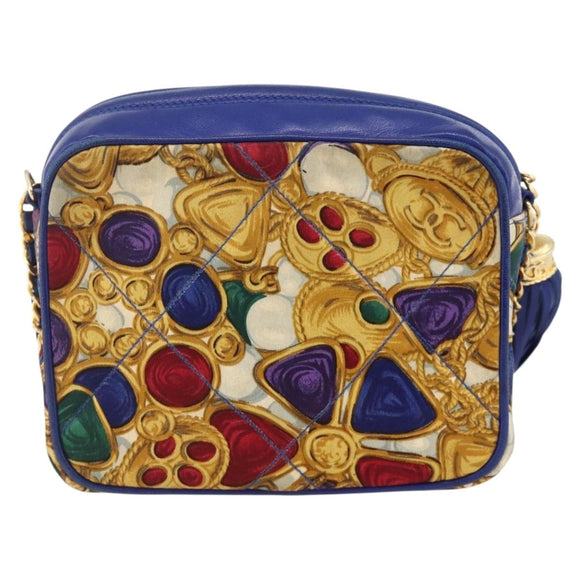 CHANEL Matelasse Chain Shoulder Bag Satin Blue Gold CC Auth BAZ668V
