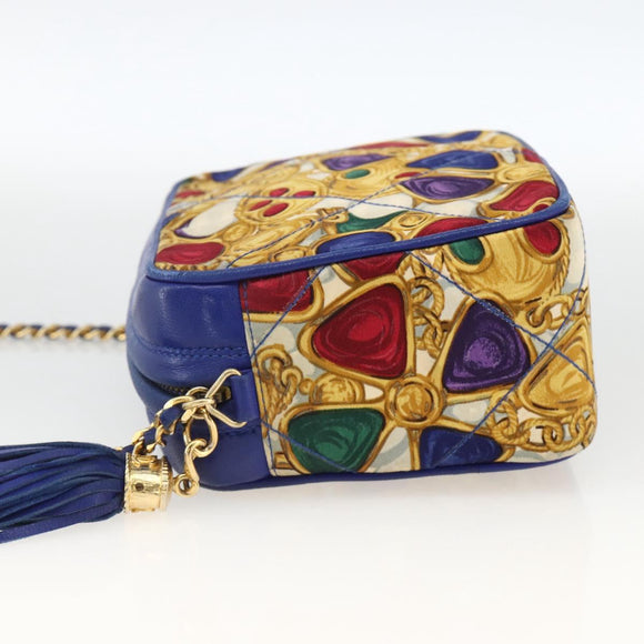 CHANEL Matelasse Chain Shoulder Bag Satin Blue Gold CC Auth BAZ668V