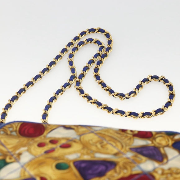 CHANEL Matelasse Chain Shoulder Bag Satin Blue Gold CC Auth BAZ668V