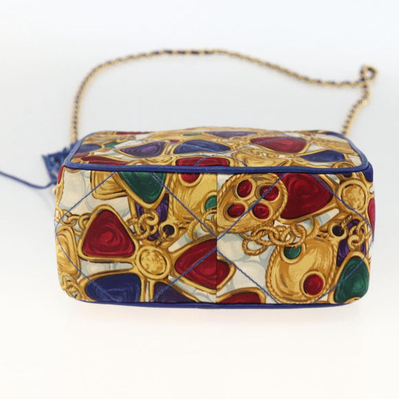 CHANEL Matelasse Chain Shoulder Bag Satin Blue Gold CC Auth BAZ668V