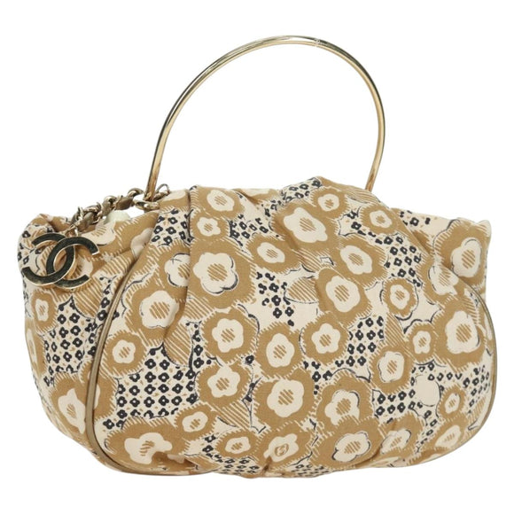 CHANEL Camelia Hand Bag Canvas Beige Gold CC Auth BAZ669V