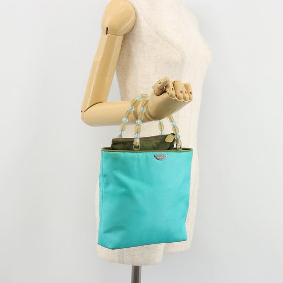 Christian Dior Maris Pearl Hand Bag Nylon Turquoise Blue Silver Auth BAZ685A