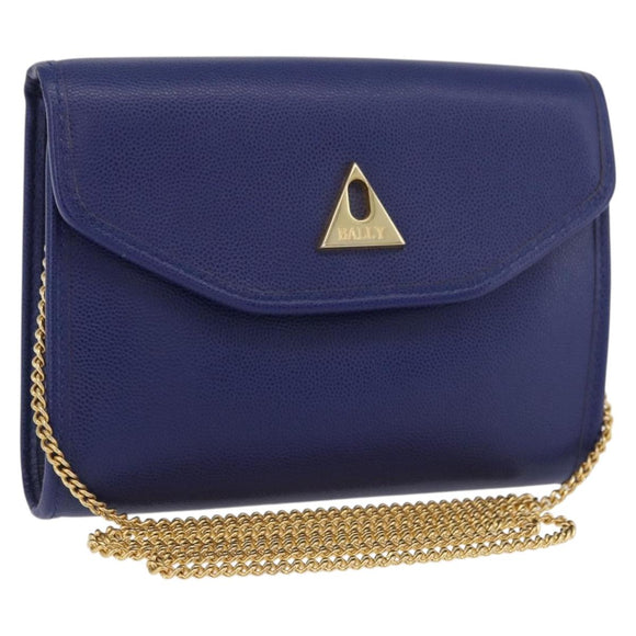 BALLY Chain Shoulder Bag Leather Blue Gold Auth BAZ686A