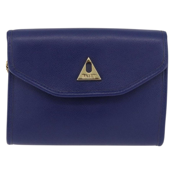 BALLY Chain Shoulder Bag Leather Blue Gold Auth BAZ686A