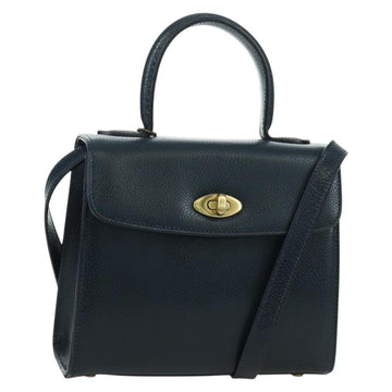 Coach Hand Bag Leather 2way Navy Gold Auth BAZ689A