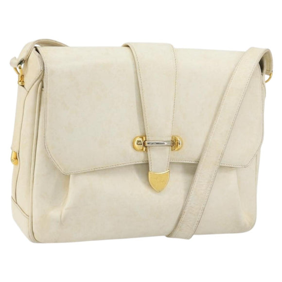 GUCCI Shoulder Bag Leather White Gold Auth BAZ692