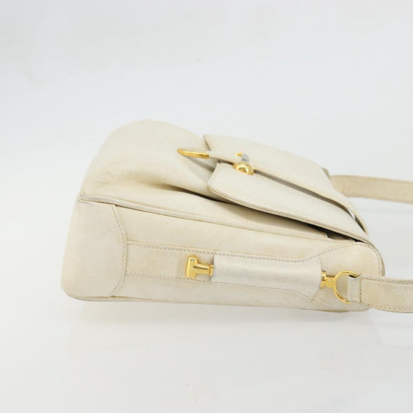GUCCI Shoulder Bag Leather White Gold Auth BAZ692