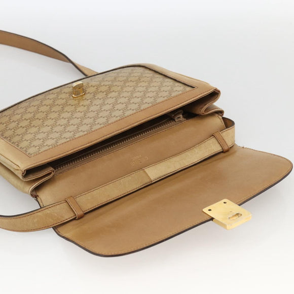 CELINE Macadam Canvas Shoulder Bag PVC Leather Beige Gold Auth BAZ705
