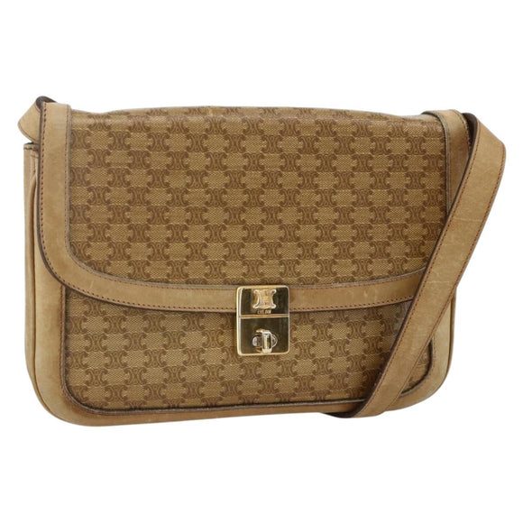 CELINE Macadam Canvas Shoulder Bag PVC Leather Beige Gold Auth BAZ705