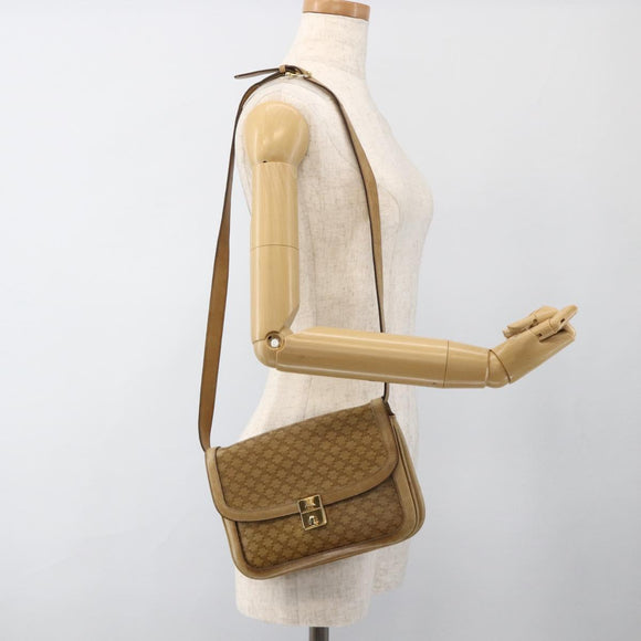 CELINE Macadam Canvas Shoulder Bag PVC Leather Beige Gold Auth BAZ705