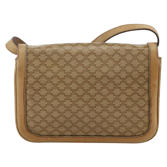 CELINE Macadam Canvas Shoulder Bag PVC Leather Beige Gold Auth BAZ705