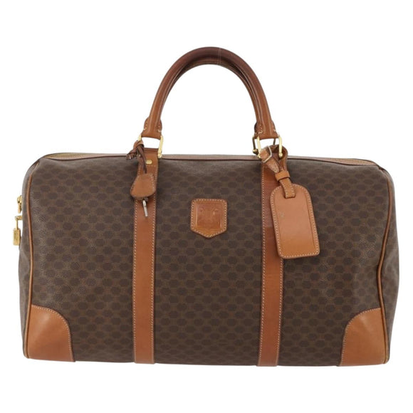 CELINE Macadam Canvas Boston Bag PVC Leather Brown Gold Auth BAZ722