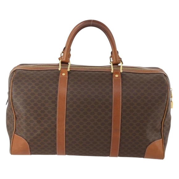 CELINE Macadam Canvas Boston Bag PVC Leather Brown Gold Auth BAZ722
