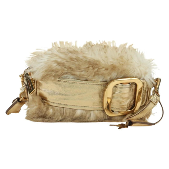 PRADA Shoulder Bag fur Beige Gold Auth BAZ731SM