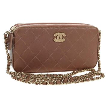 CHANEL Matelasse Chain Wallet Shoulder Bag Leather Pink Gold CC Auth BAZ741V