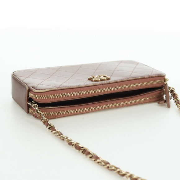 CHANEL Matelasse Chain Wallet Shoulder Bag Leather Pink Gold CC Auth BAZ741V