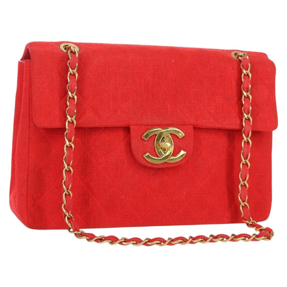 CHANEL Big Matelasse 35 Chain Shoulder Bag Canvas Gold Red CC Auth BAZ742V