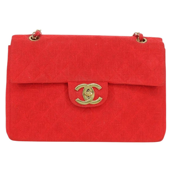 CHANEL Big Matelasse 35 Chain Shoulder Bag Canvas Gold Red CC Auth BAZ742V