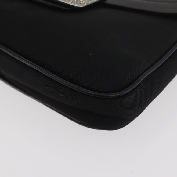 PRADA Kettenschultertasche Nylon Schwarz Silber Auth BAZ748A