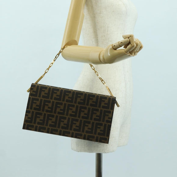 FENDI Zucca Canvas Shoulder Bag Black Brown gold Auth BAZ787V