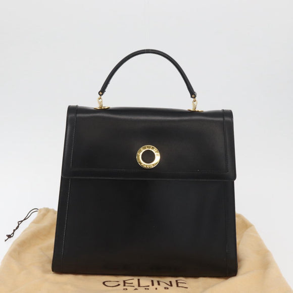 CELINE Circle Hand Bag Leather Black Gold Auth BAZ793V