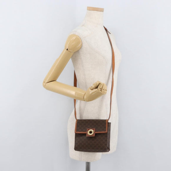 CELINE Macadam Canvas Circle Shoulder Bag PVC Leather Brown Gold Auth BAZ798