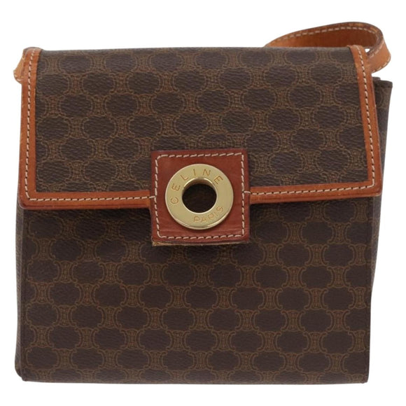 CELINE Macadam Canvas Circle Shoulder Bag PVC Leather Brown Gold Auth BAZ798