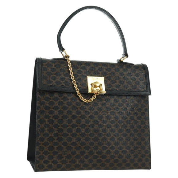 CELINE Macadam Canvas Hand Bag PVC Leather Black Gold Auth BAZ800V